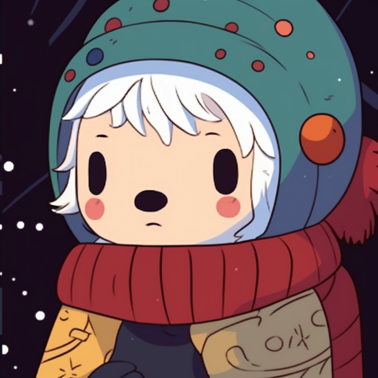 Two characters, starry Christmas night, bright colors with retro aesthetic. unique matching retro aesthetic cartoon pfp christmas themes pfp for discord.