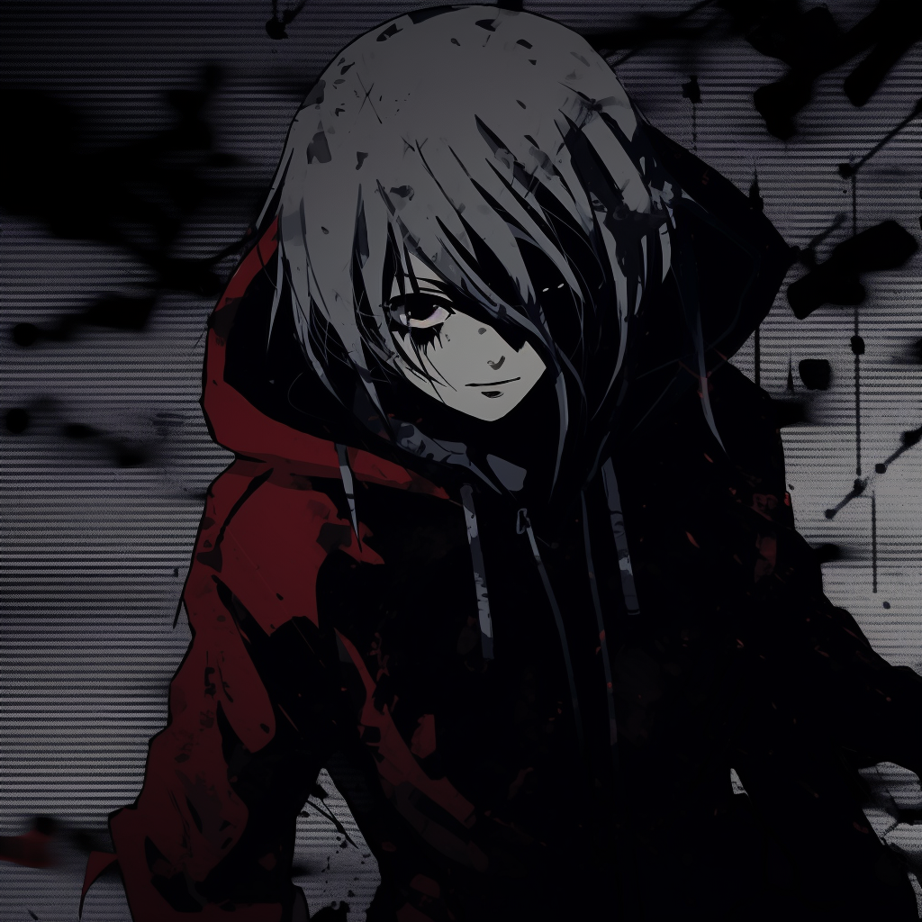 Tokyo Ghoul scene featuring Kaneki in a grunge style, with grey scale colors and sketchy art. innovative grunge anime pfp