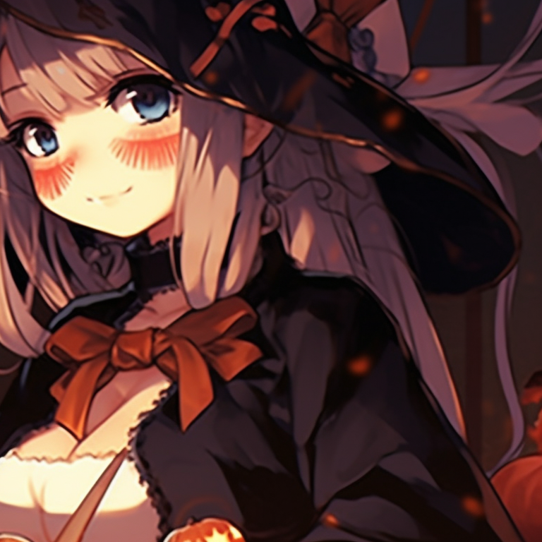 Two characters, detailed witch costumes, rich colors, creating a magic potion together. animated halloween-themed anime pfp gifs pfp for discord.