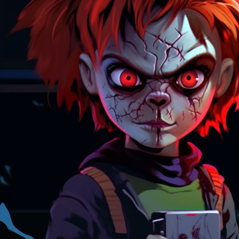 Chucky and Tiffany in their infamous attire amidst a gloomy background, the art style favors bold lines and dark, saturated colors. horror film inspired pfp: chucky and tiffany pfp for discord.