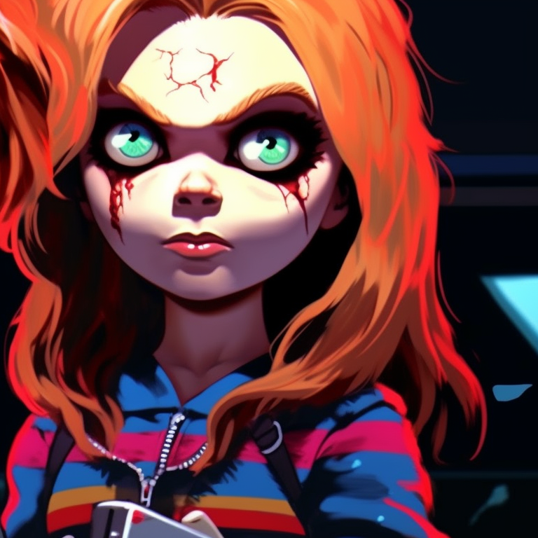 Chucky and Tiffany in their infamous attire amidst a gloomy background, the art style favors bold lines and dark, saturated colors. horror film inspired pfp: chucky and tiffany pfp for discord.