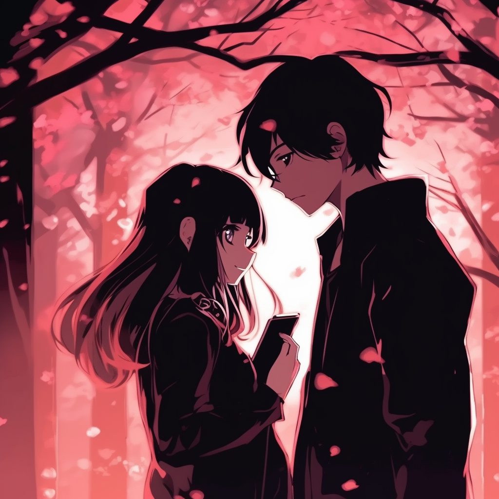 Anime couple silhouetted under pink cherry blossoms, soft and romantic lighting. romantic matching pfp anime