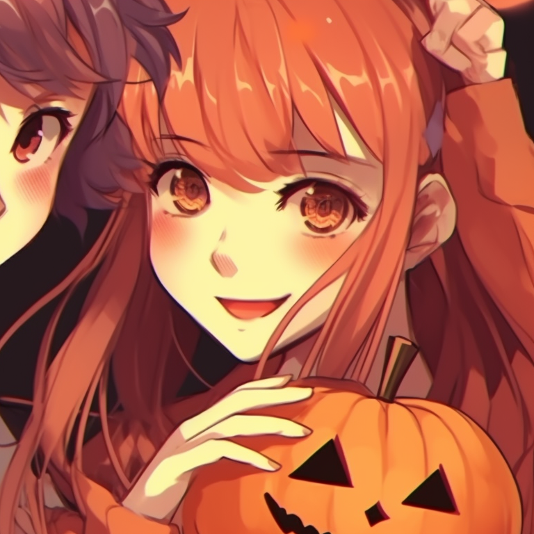 Two characters dressed as witches, warm colors and detailed shading, holding hands while casting a spell. hot matching pfp halloween theme for couples pfp for discord.