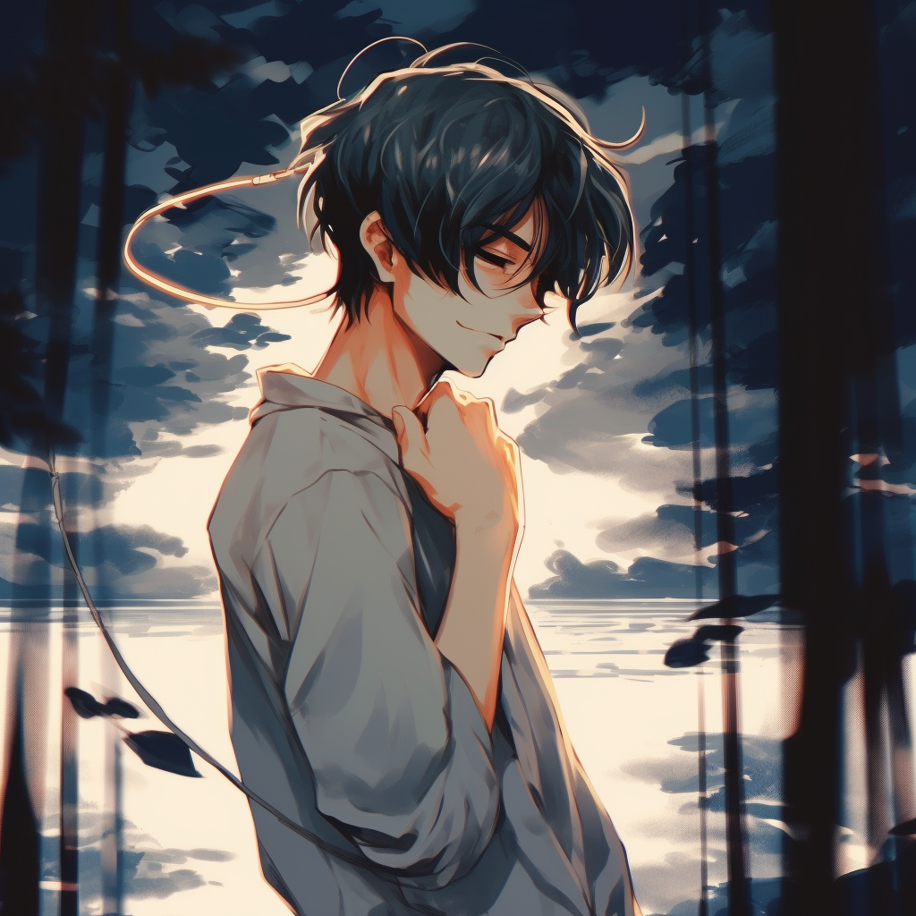 Anime guy gazing at a falling star, crafted in a fantasy setting with light tones and intricate detailing for a dreamlike effect. cool anime guys pfp pfp for discord.
