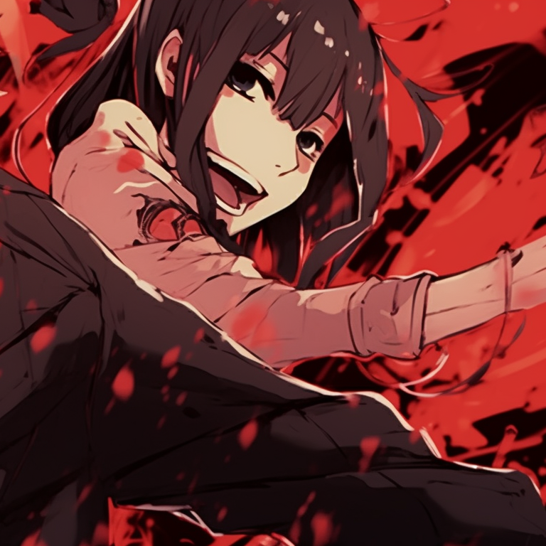 Two characters, parallel expressions, warm color scheme and symbolic motifs. chainsaw man themed matching pfp pfp for discord.