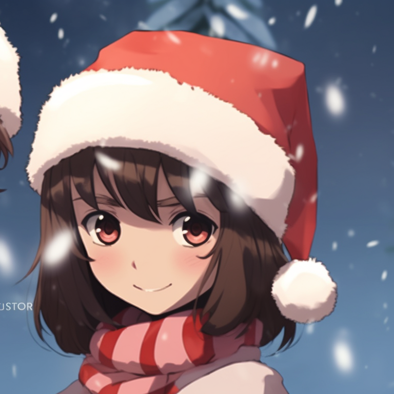 Two characters under mistletoe, bold outlines and pop of green from festive hats, deep warm colors dominating scene. christmas themed matching hat kid pfp pfp for discord.
