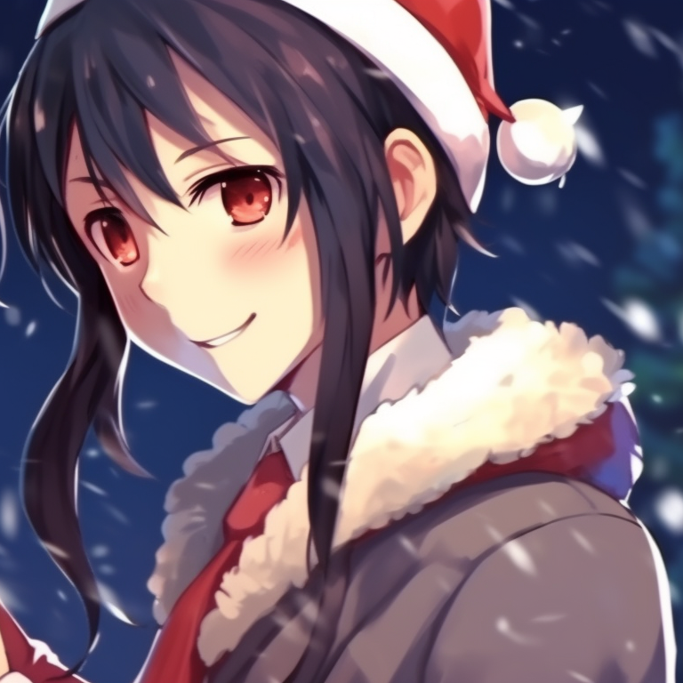 Two characters in school outfits, exchanging Christmas gifts, with twinkling lights in the background. harmonizing christmas pfp for school pupils pfp for discord.