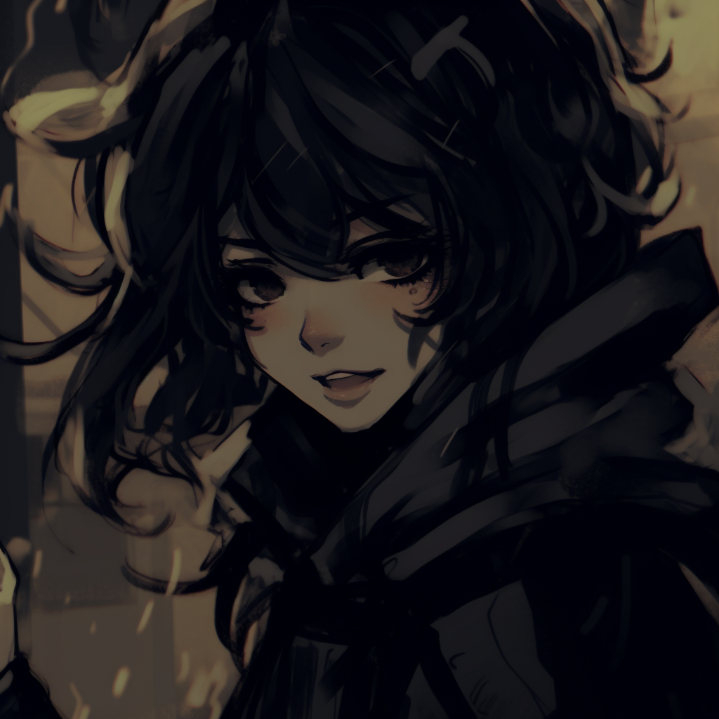 Female character engaged in an action sequence, using dark and moody tones. anime pfp dark highlighting female characters pfp for discord.
