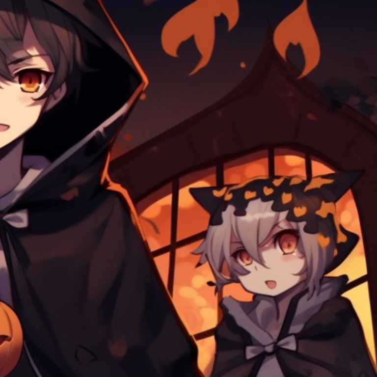 Five characters in Halloween outfits, sitting under the moonlight on a forest clearing, mysterious glow and ominous shadows. top matching pfp ideas for 5 friends halloween theme pfp for discord.