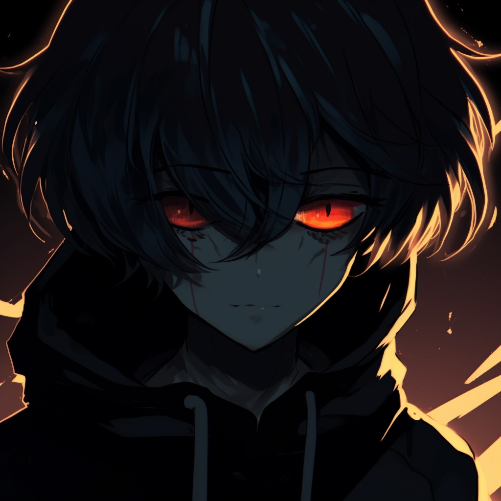A face of anime character shaded, with luminous eyes shining. unique black pfp anime pfp for discord.
