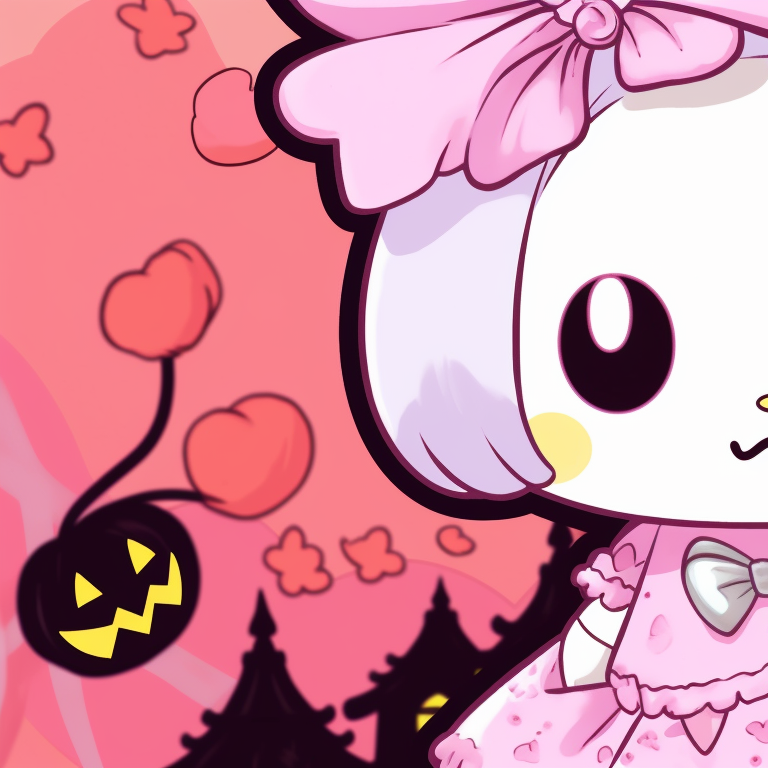 Close-up of two My Melody characters, one wearing a witch hat, the other with a jack-o'-lantern hat. my melody matching pfp halloween theme diy pfp for discord.