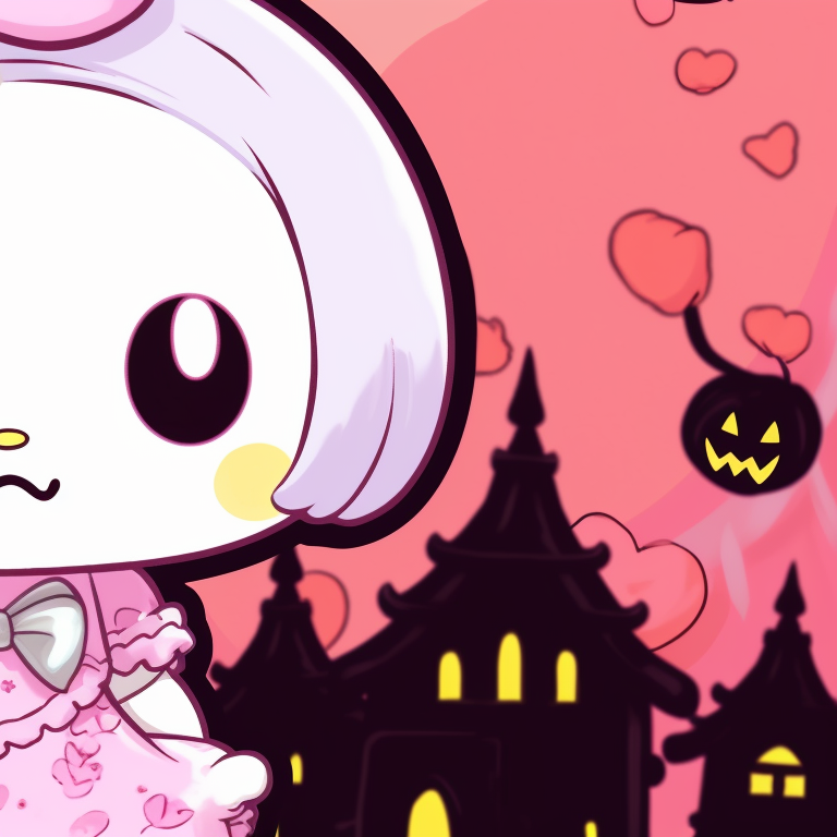Close-up of two My Melody characters, one wearing a witch hat, the other with a jack-o'-lantern hat. my melody matching pfp halloween theme diy pfp for discord.