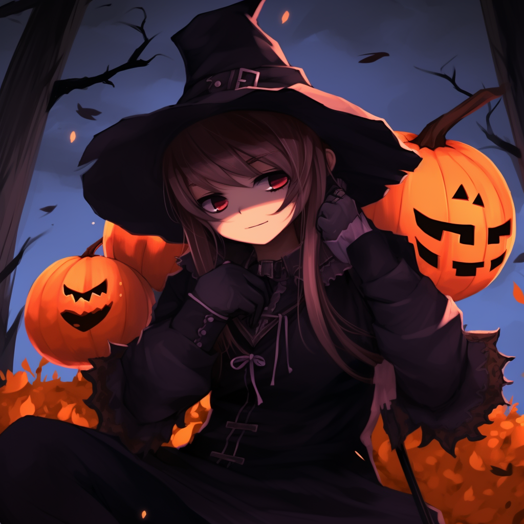 Anime witch girl with a hint of magic, dynamic composition and subtle glow effects. halloween pfp anime girls