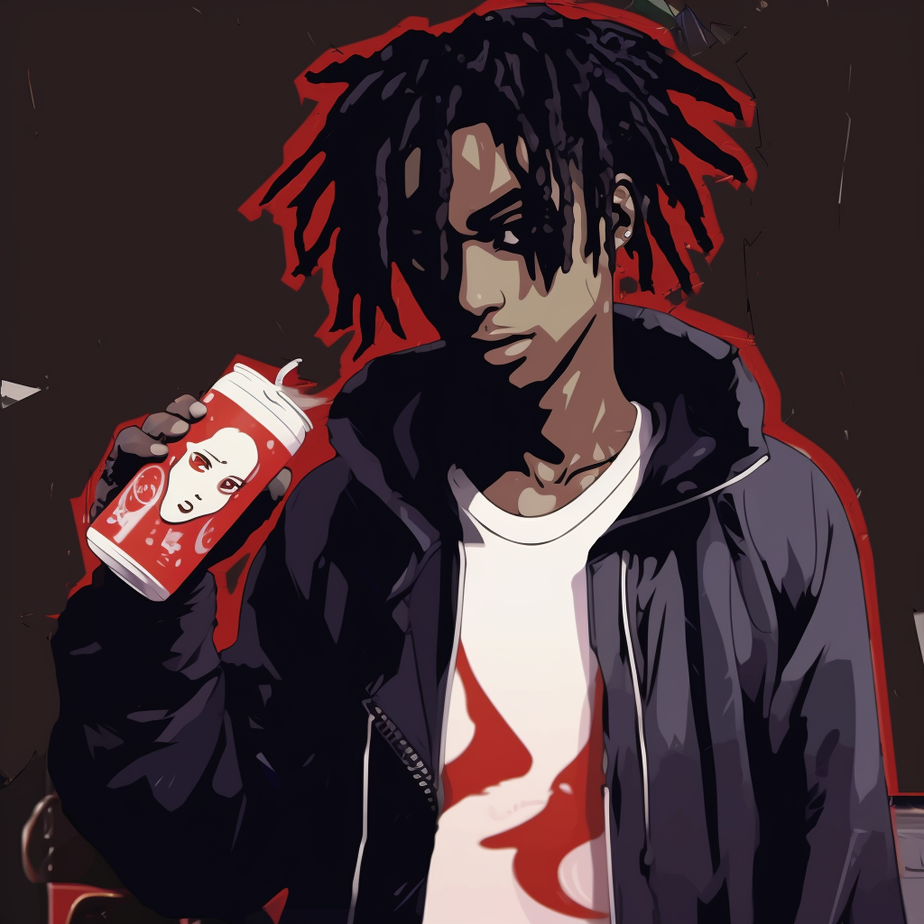 Playboi Carti in the aesthetic of Tokyo Ghoul, monochrome with red accents. playboi carti anime pfp aesthetics