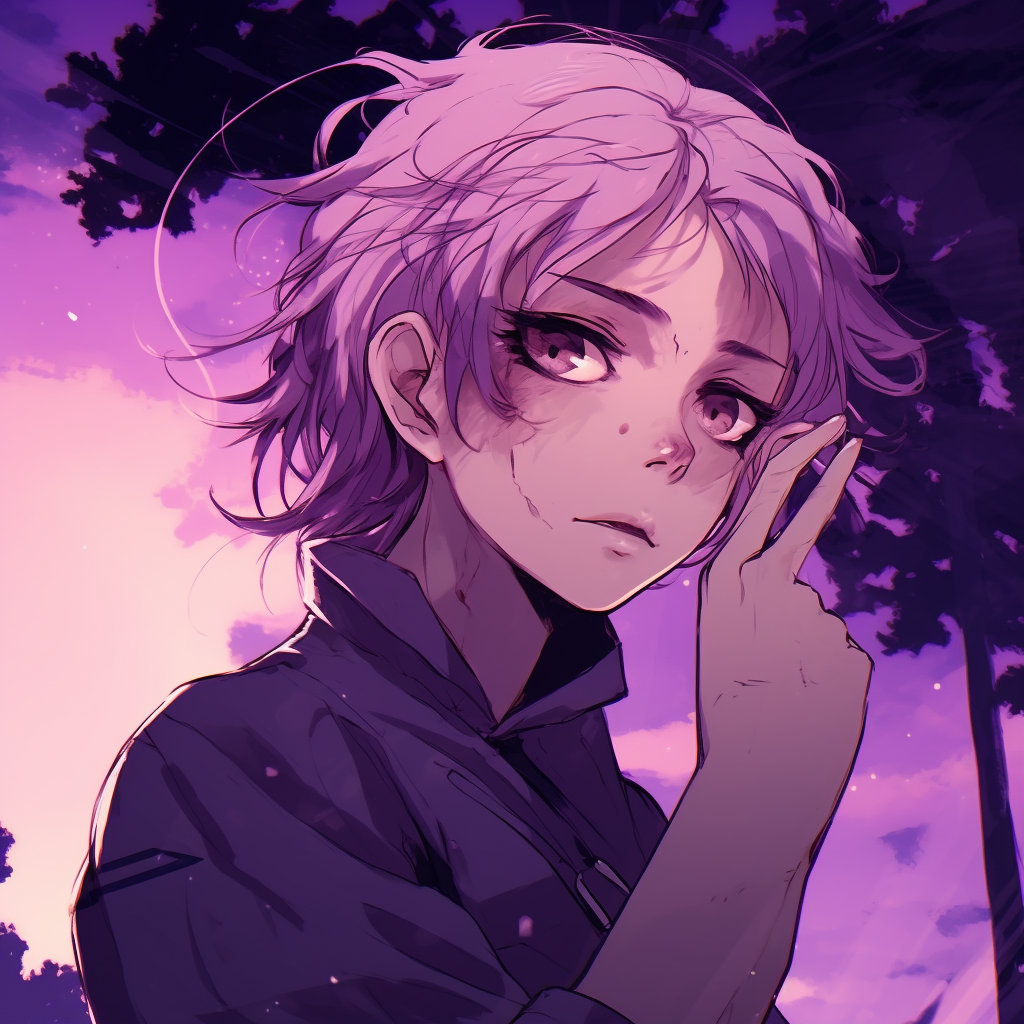 Profile showcasing high-detail purple eyes, injected with twinkling starlight for depth. anime purple pfp beauties pfp for discord.