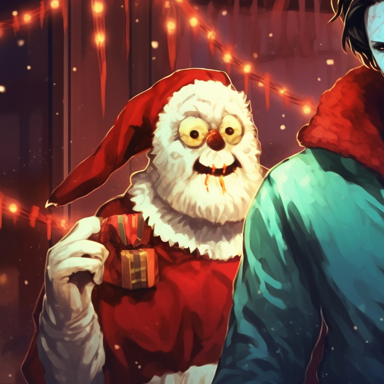 Differentiating reindeer antlers on top of his signature mask, Michael Myers casts a stark silhouette against a Christmas tree backdrop. festive michael myers pfp pfp for discord.