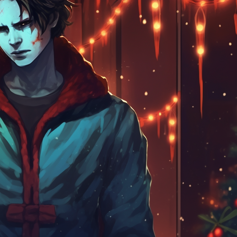 Differentiating reindeer antlers on top of his signature mask, Michael Myers casts a stark silhouette against a Christmas tree backdrop. festive michael myers pfp pfp for discord.