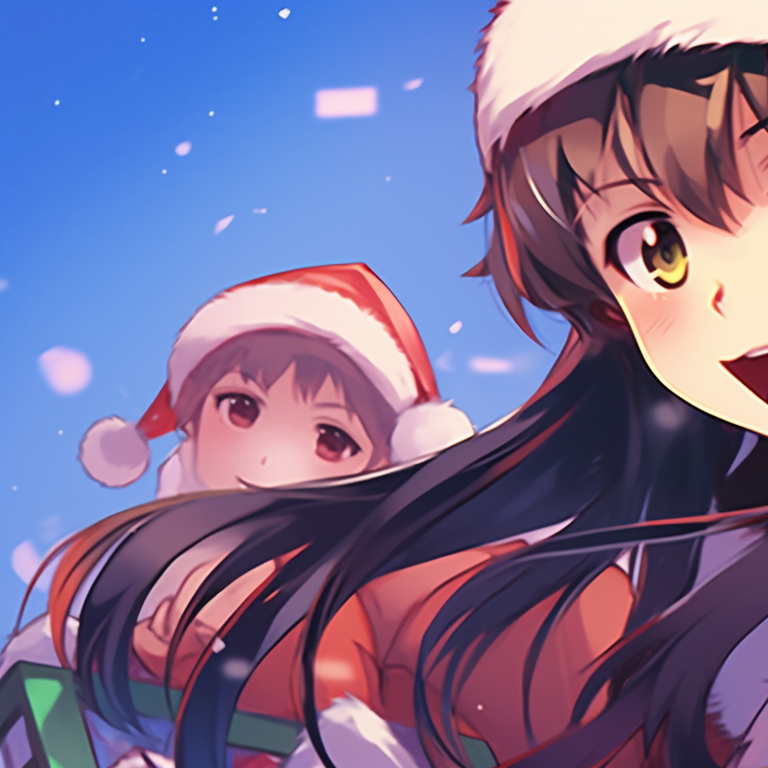 Two characters in a snowy landscape, their outfits and the snowy background share a matching color palette, snowflakes detailed in the foreground. creative matching christmas discord pfp pfp for discord.