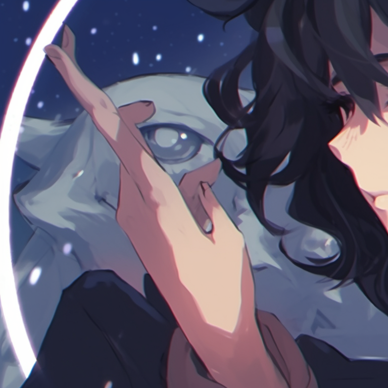 Two characters looking into each other's eyes, stars reflected in their gazes, hues of midnight blue. awesome matching discord pfp ideas pfp for discord.