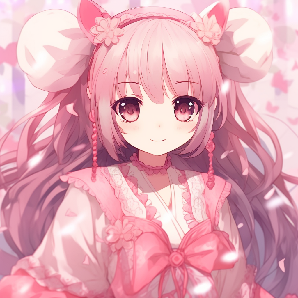 Image of a beautiful anime girl, backdrop of cherry blossoms with a hint of pink, illustrated with delicate gradients. cute pink anime girl pfp collection pfp for discord.