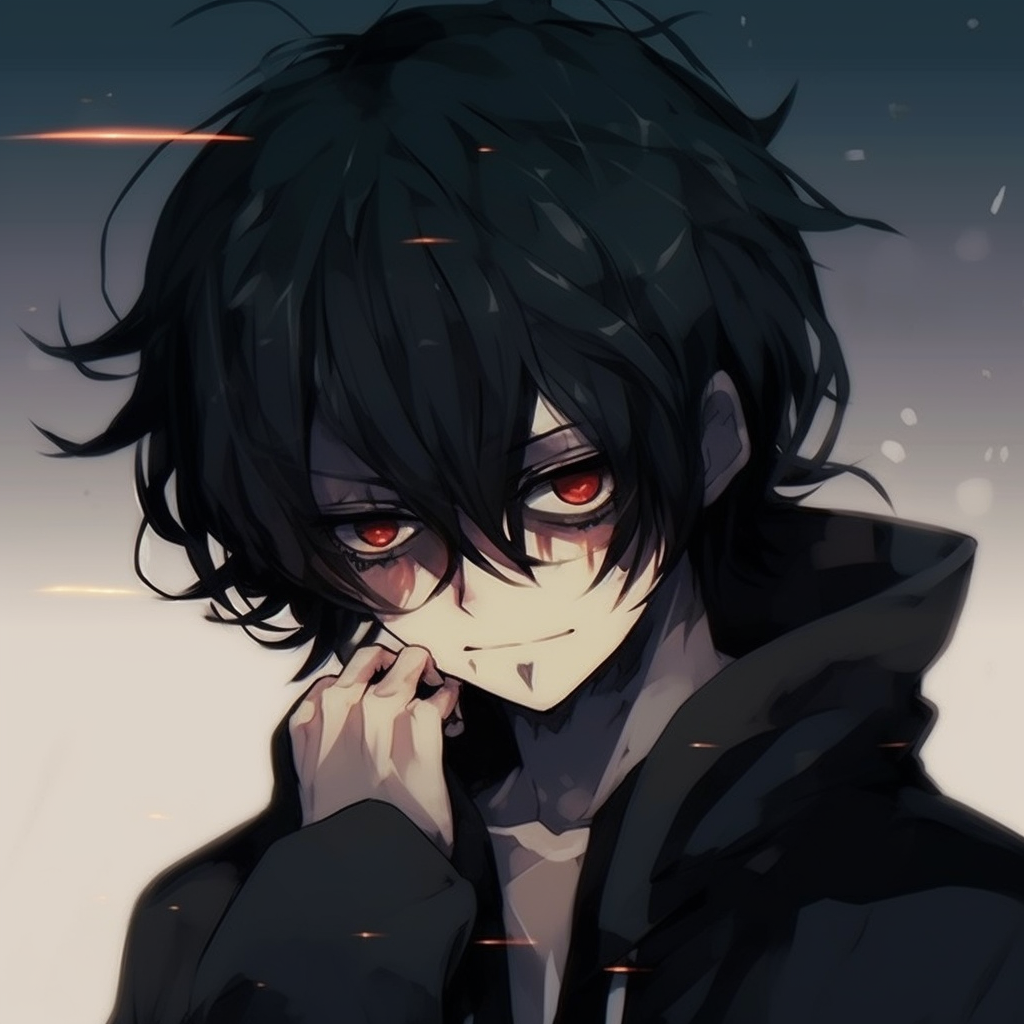 Emo anime character with brooding expression, dark toned colors and strong line work. emo pfp anime aesthetic