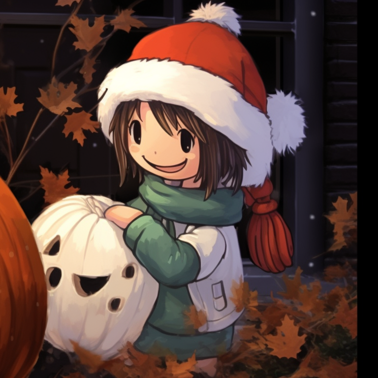 Two characters under a string of Christmas lights, holding pumpkin-shaped ornaments. matching christmas pumpkin pfp trends pfp for discord.