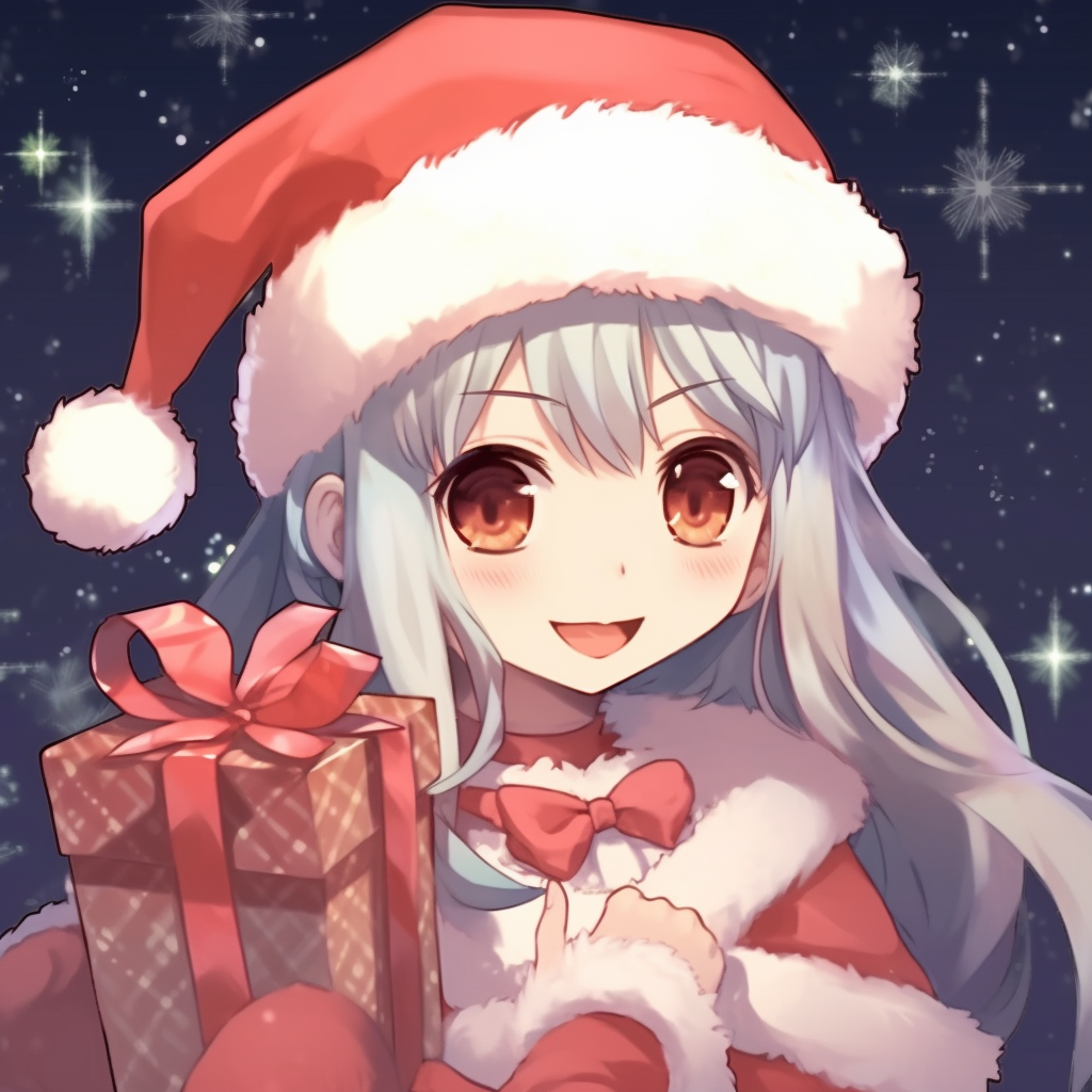 Cute anime girl standing beside a decorated Christmas tree, detailed background and expressive eyes. cute christmas anime pfp