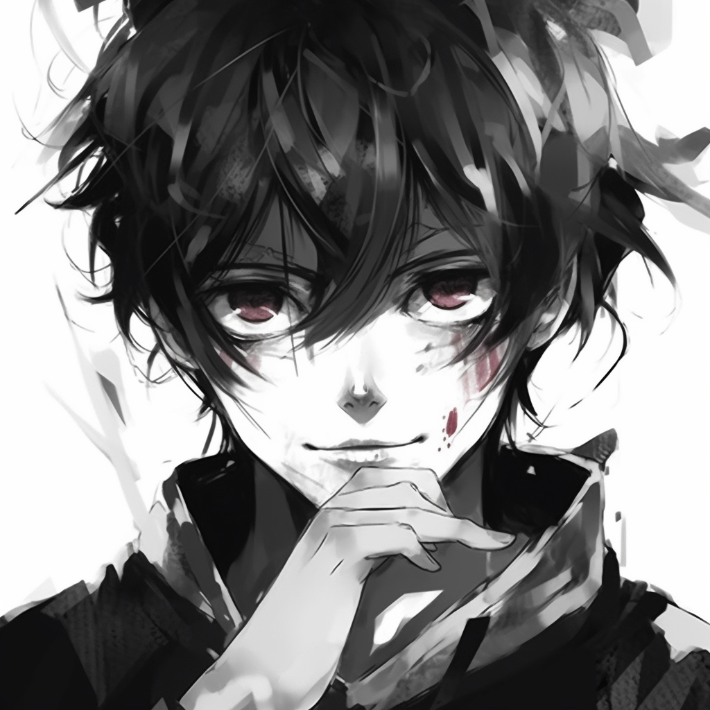 Close-up of a manic anime face with exaggerated facial features, intense detailing in eyes and controlled use of shading. crazy anime boy pfp sketching tips pfp for discord.