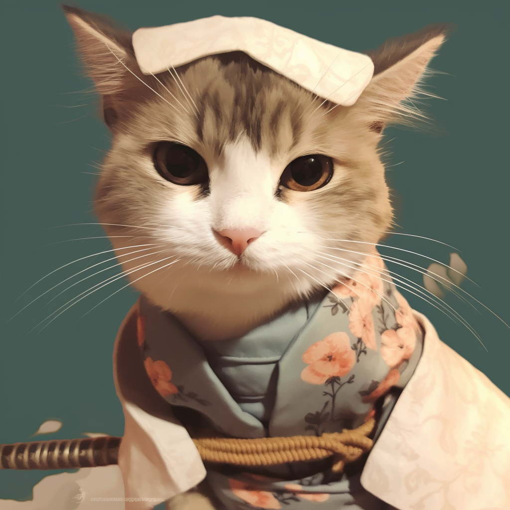 Samurai kitten in a fighting pose, sharp lines and strong contrasting colors. humorous animal pfp