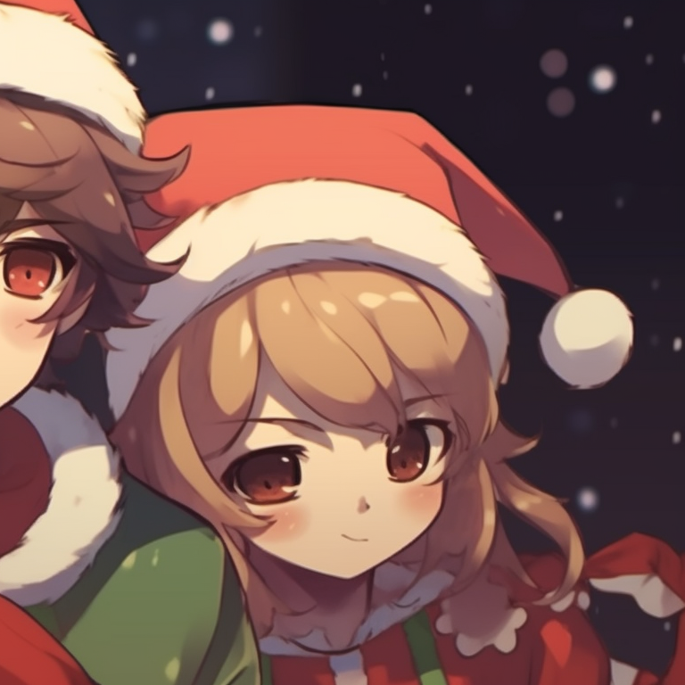 Two characters in winter clothing, snowy backdrop, cool colors, and soft outline. fun-friend group matching christmas pfp pfp for discord.