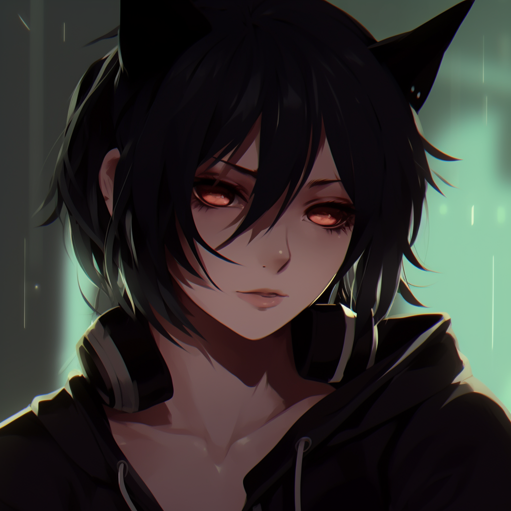 Closeup portrait of an anime character, striking black hair and eyes with detailed linework creative black pfp anime pfp for discord.