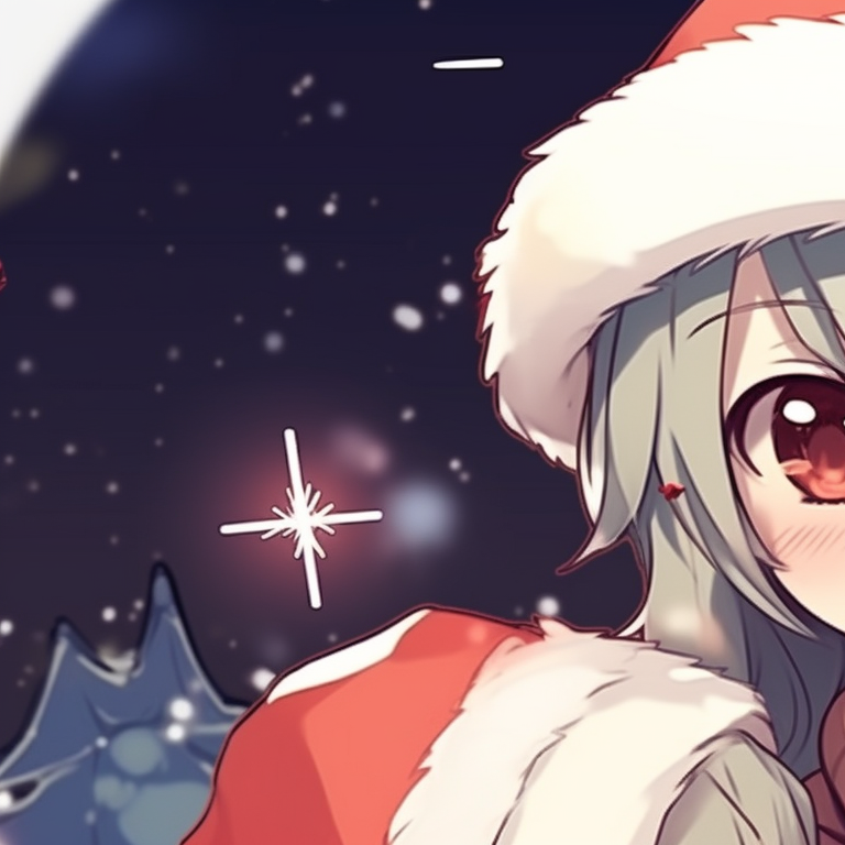 Two characters in Santa hats against a starlit night, utilizing soft hues and light shading. kawaii matching christmas pfp - anime style pfp for discord.