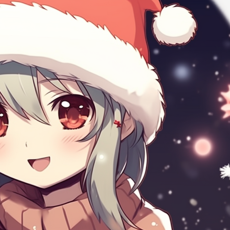 Two characters in Santa hats against a starlit night, utilizing soft hues and light shading. kawaii matching christmas pfp - anime style pfp for discord.