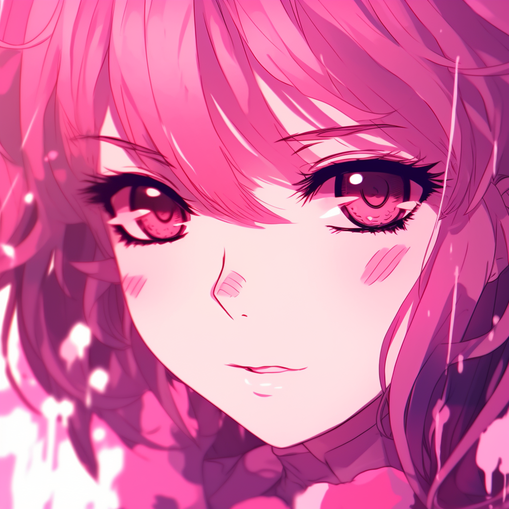 Anime girl depicted in a dark room, enhanced with pink undertones and contrasting lighting. dark tones in pink anime pfp