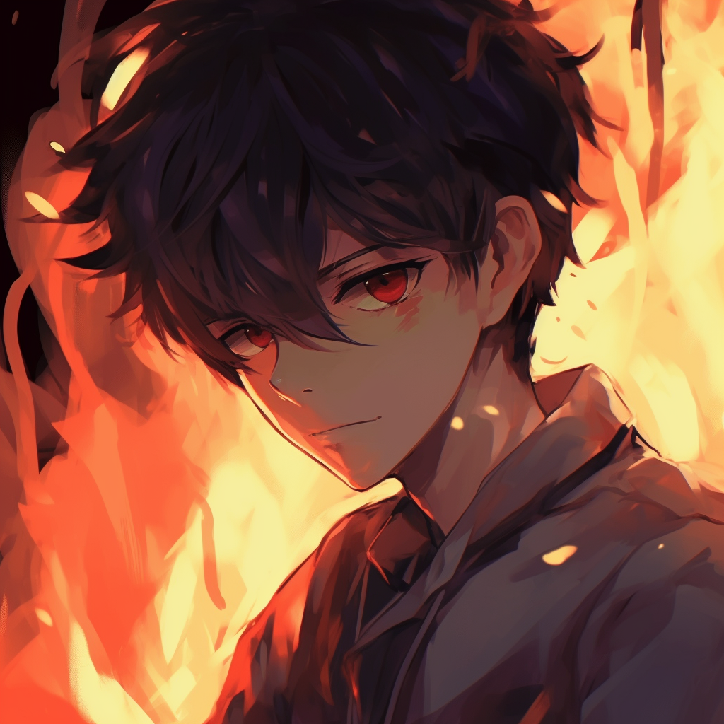 Flaming red avatar of an anime boy manifesting an energetic vibe. anime pfp boy colors
