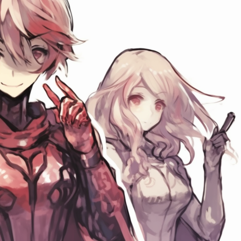 Three characters in red armors, detailed textures and strong lines, aligned in combat formation. classic matching trio pfp pfp for discord.