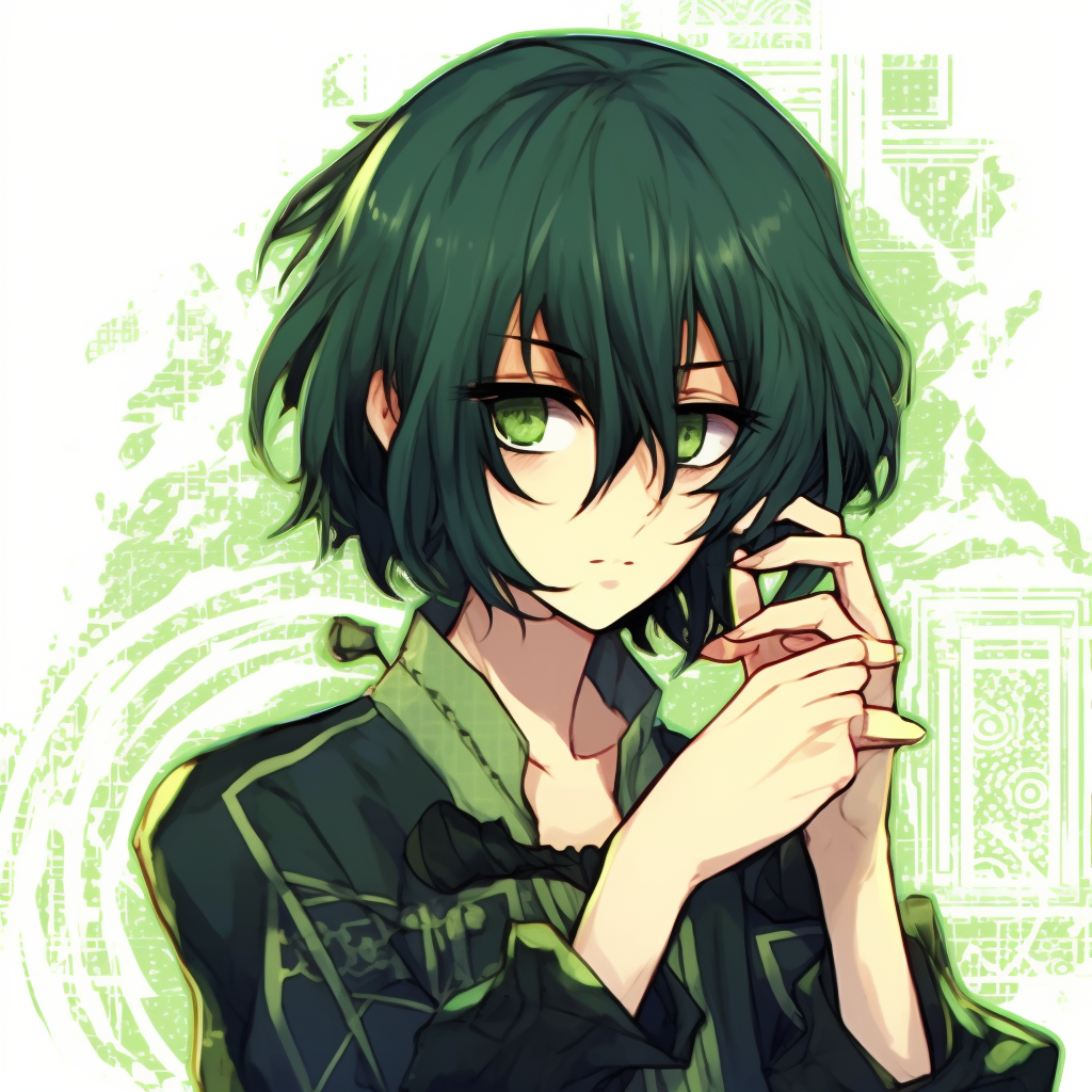Dreamy anime profile portraying light and shadow play, dominated by varying green shades. moss green anime pfp selections