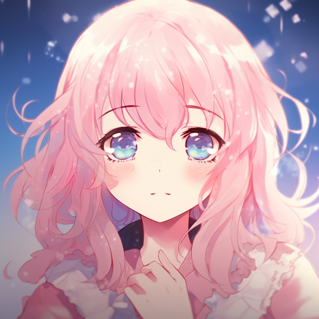 A kawaii anime character with pink hair and sparkling eyes, intense shading, and rich colors. dramatic kawaii anime pfp