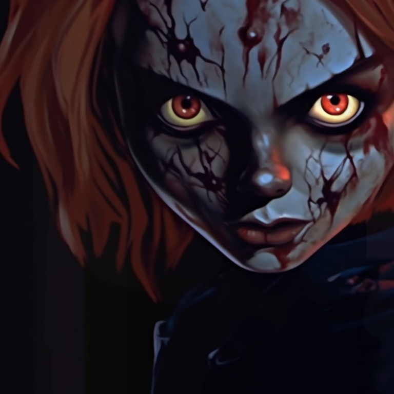 Close-up of Chucky and Tiffany looking directly at the viewer, distinct anime influences with sharp, intense lines and highly saturated colors. horror film inspired pfp: chucky and tiffany pfp for discord.