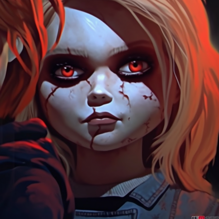 Close-up of Chucky and Tiffany looking directly at the viewer, distinct anime influences with sharp, intense lines and highly saturated colors. horror film inspired pfp: chucky and tiffany pfp for discord.