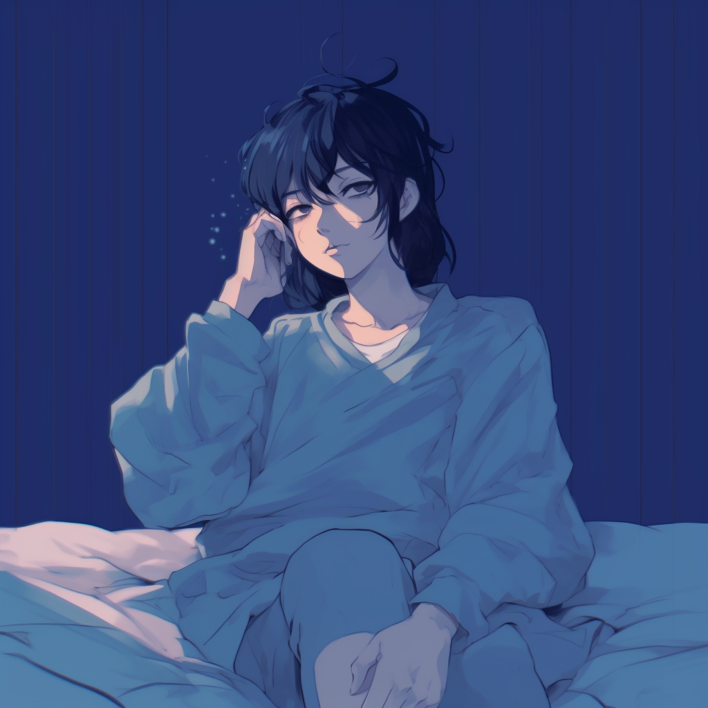 Anime character in a laid-back expression, with key elements highlighted in vibrant blues. color-themed chill anime pfp