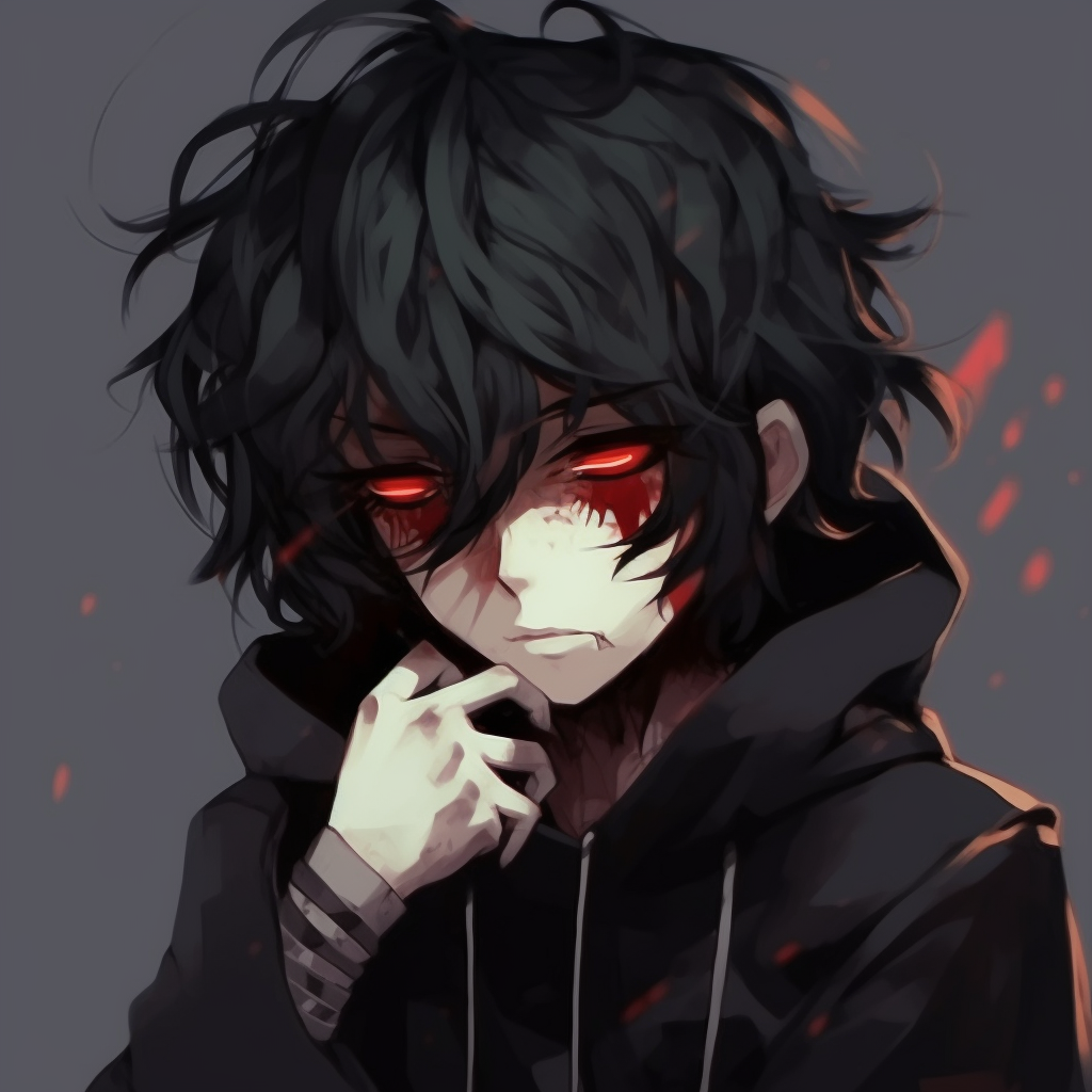 Emo anime character in a pensive stance, striking silhouette made prominent with dense shading. emo pfp anime aesthetic