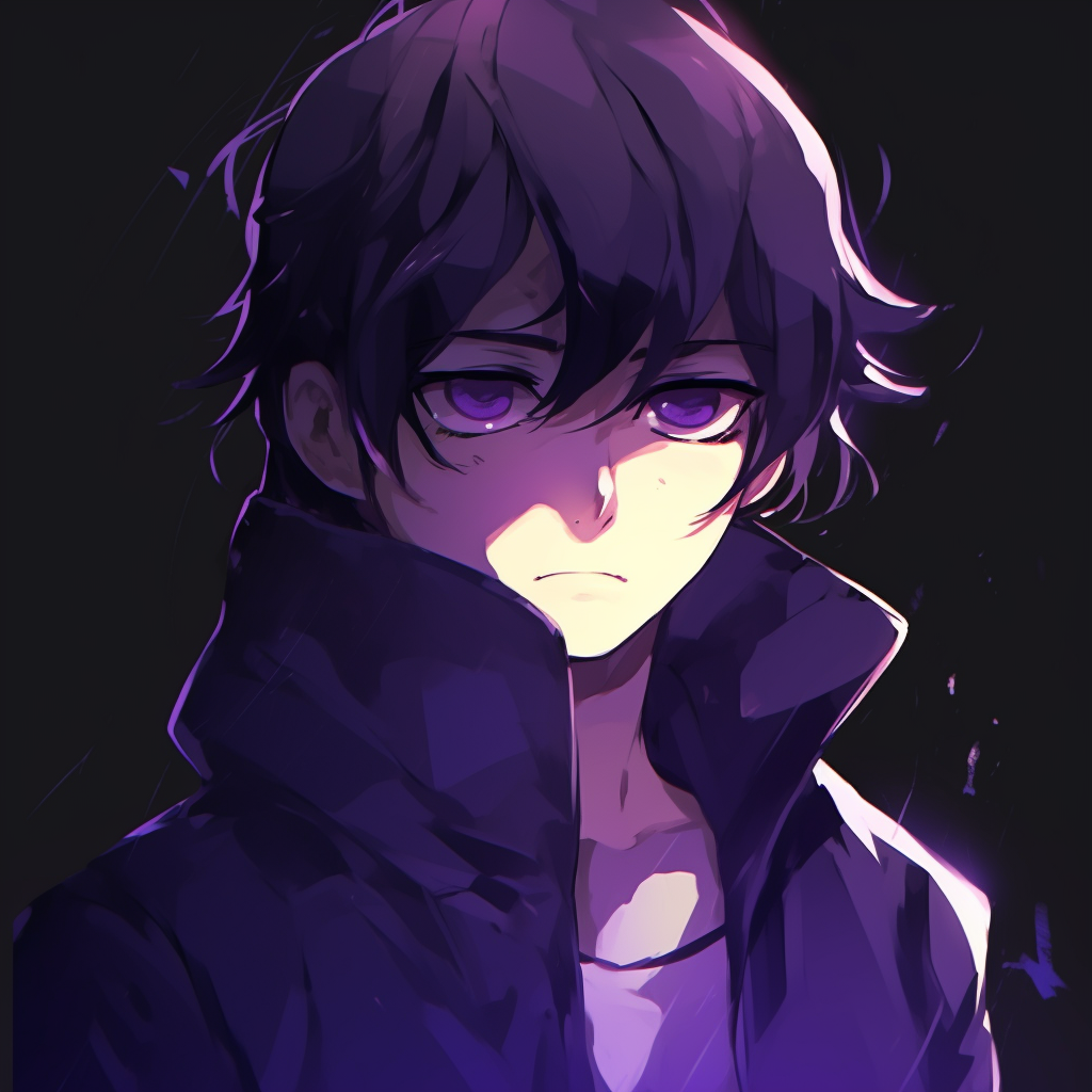 A cool anime boy with purple attire, his gaze looking off into the distance. adorable purple anime pfp pfp for discord.