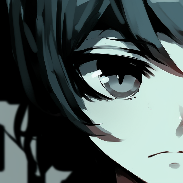 Two memcchi characters, dark and shadowy color gradient, with backs against each other. stylish memcchi matching pfp pfp for discord.