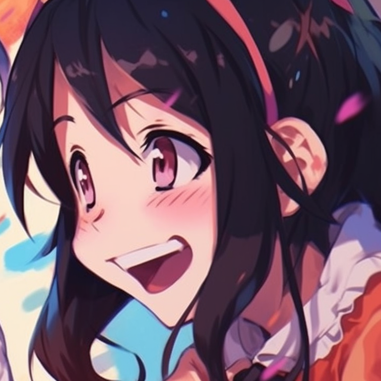 Two characters, vibrant colors, sharing a laughter while leaning against each other. real life matching pfp for besties pfp for discord.