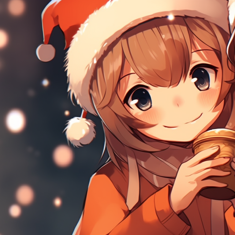 Two anime characters, warm orange tones, festive clothing and holding small Christmas trees. unique matching orange christmas pfp pfp for discord.