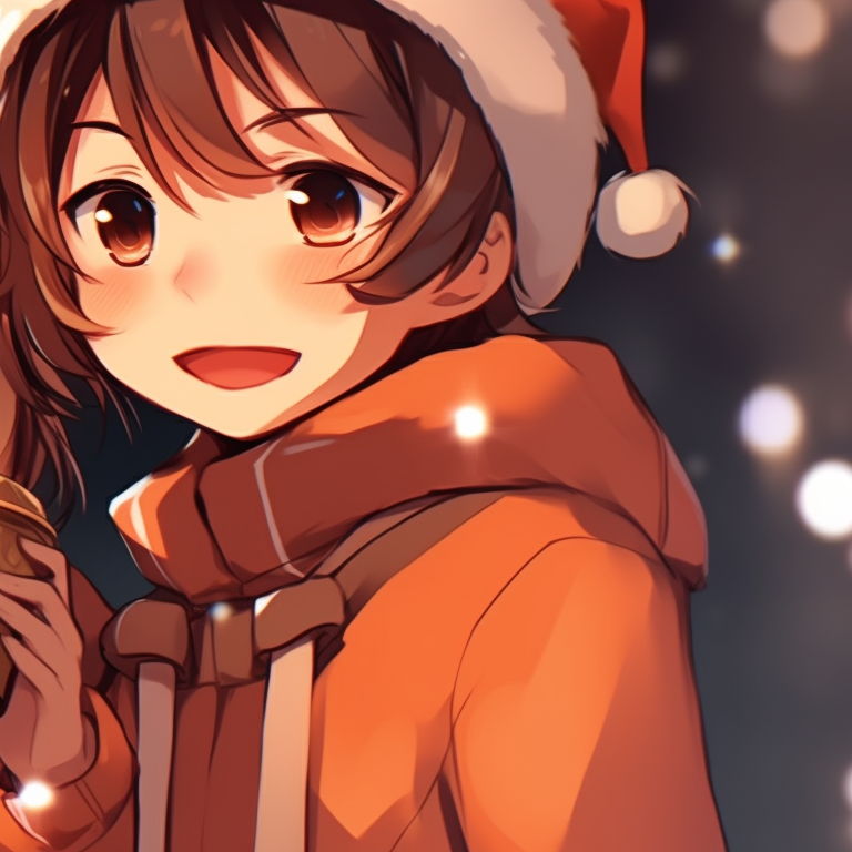 Two anime characters, warm orange tones, festive clothing and holding small Christmas trees. unique matching orange christmas pfp pfp for discord.