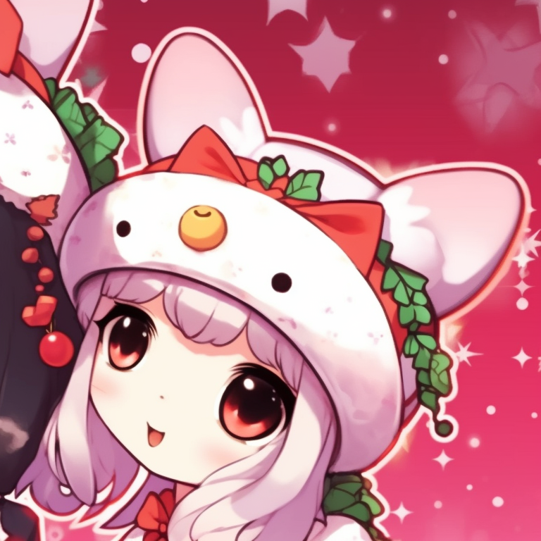Two characters in vibrant Christmas outfits, detailed ornaments and twinkling lights. unforgettable matching my melody christmas profile pictures pfp for discord.