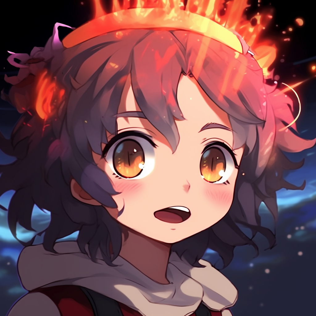 Chibi character showing an adorable grin, playful line work and bright color scheme. charming anime pfps