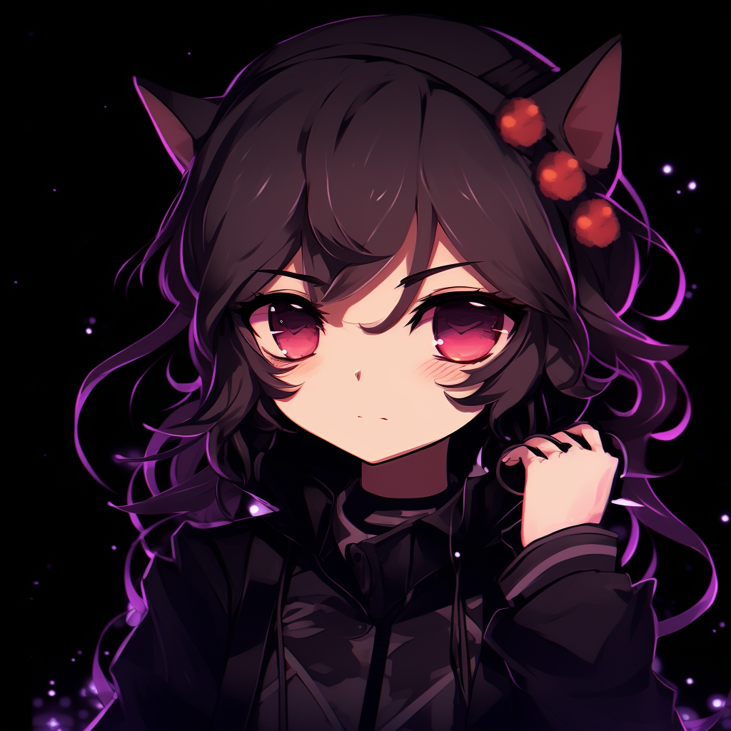Dark anime PFP featuring a cute chibi character, strong use of shadows and glossy eyes. cute anime pfp dark pfp for discord.